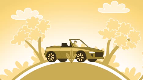 hombre de estilo amarillo personaje plano conduciendo al aire libre coche descapotable animación de bucle
