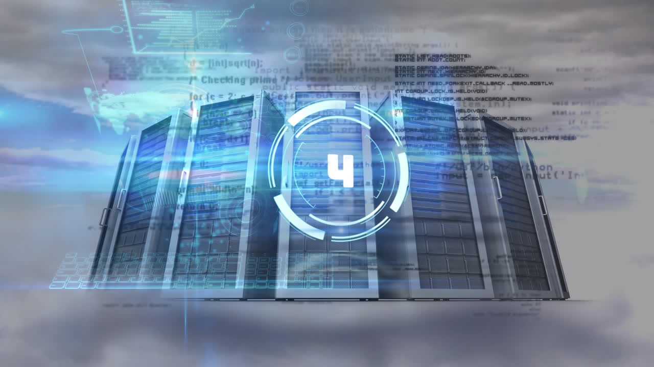 Animation of counting, data processing and servers over clouds