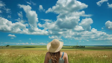 back view of young woman farmer wearing straw hat looking at cultivated wheat field and enjoying scenic view of agricultural landscape with cloudy blue sky on sunny summer day