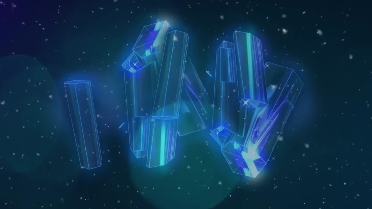 검은색에  ⁇ 색 입자와 파란색 보케 조명과 함께 반 ⁇ 이는 모양의 반 ⁇ 이는 클러스터의 애니메이션