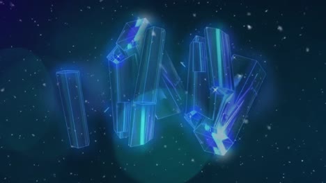 animation of glowing cluster of shiny shapes with white particles and blue bokeh lights, on black