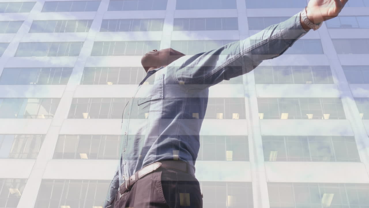 도시 풍경 위에 팔을 펴고 있는 아프리카계 미국인 남자의 애니메이션