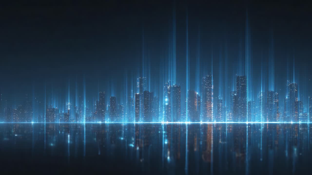 Abstract futuristic city skyline transforming into a vibrant yellow soundwave equalizer reflecting on a glossy surface, symbolizing urban life, digital connection, and advanced technology