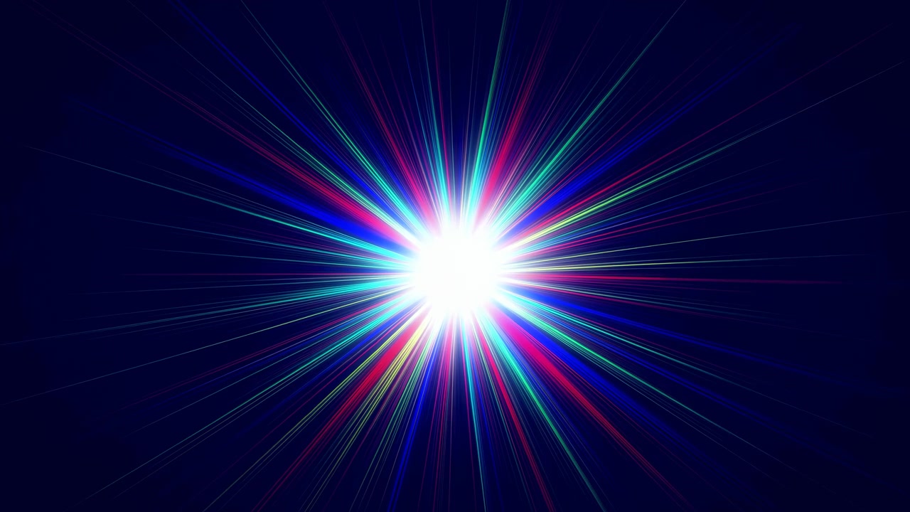 Dynamic Multicolor Lens Flare Burst, Intense Starburst Rays With Neon Prism Colors Radiating Across Dark
