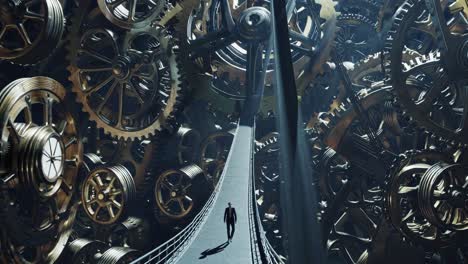 man walking through a giant clockwork mechanism