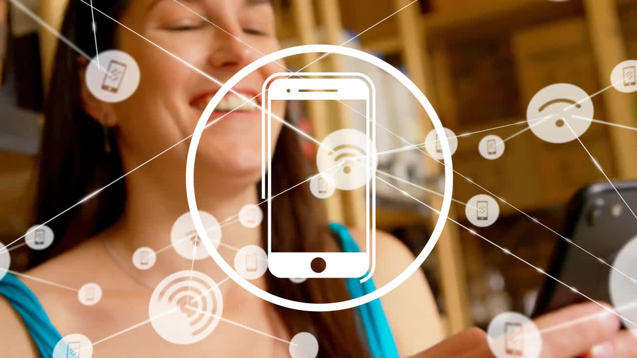 animación de la red de conexiones con el icono del teléfono inteligente sobre la mujer caucásica que utiliza el teléfono inteligente