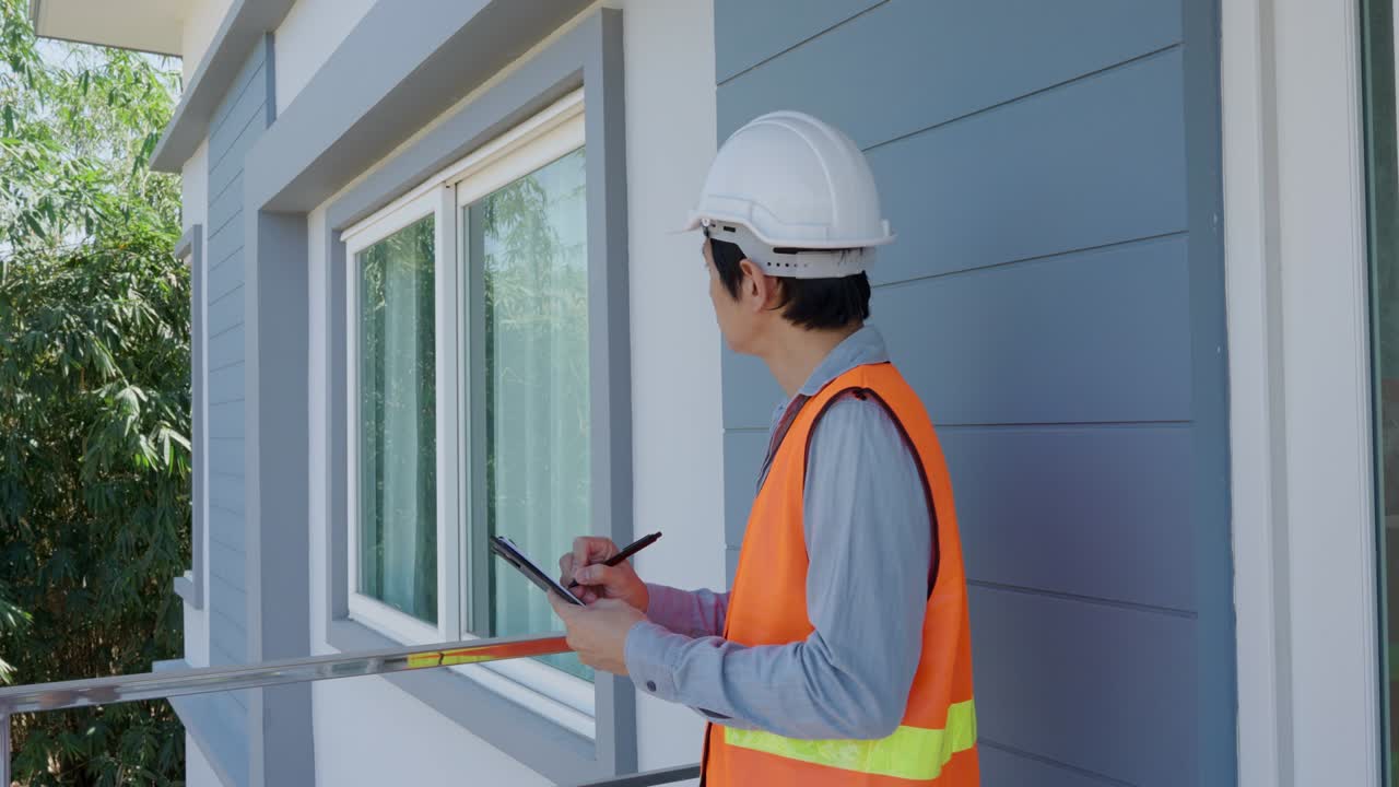 el inspector o el ingeniero está comprobando la estructura del edificio y los requisitos de la pintura de la pared. después de que se complete la renovación