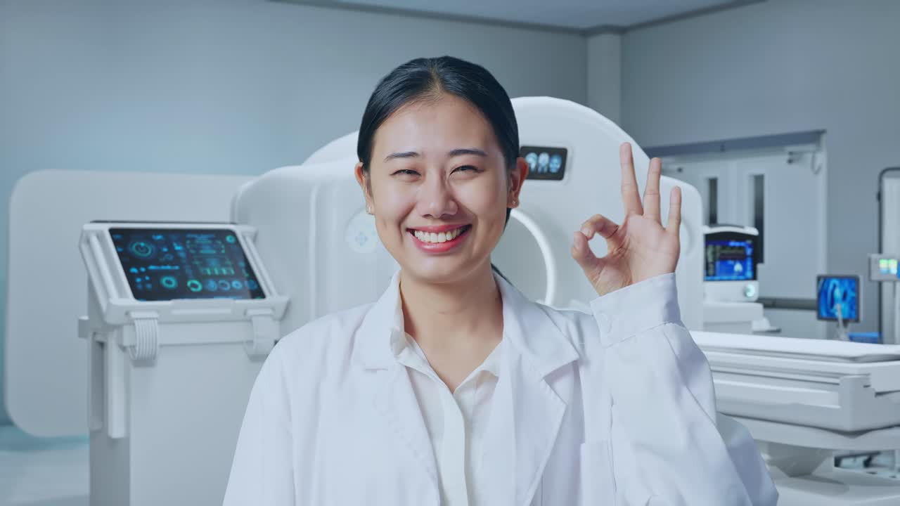 Close Up Of Asian Woman Doctor Showing Okay Gesture And Smiling With Mri Machine In The Hospital