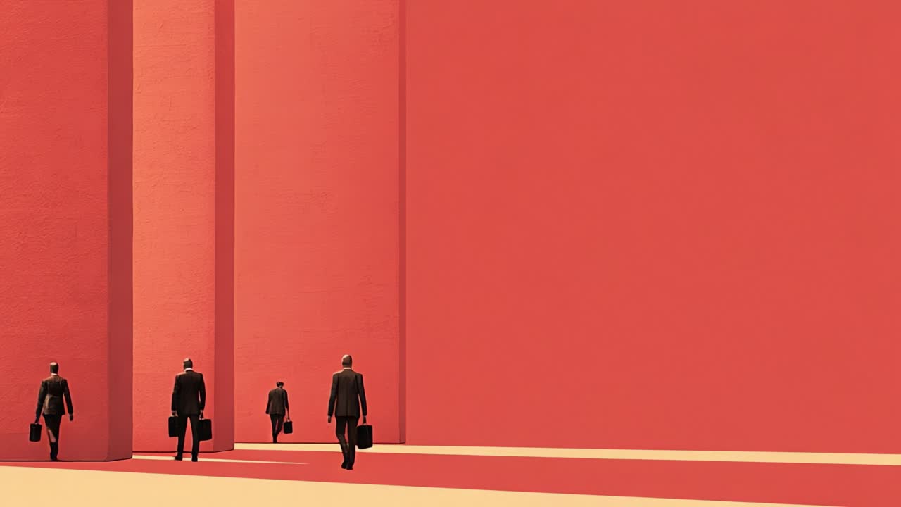 A Visual Representation of Solitude and Determination: Businessmen in Suits Walking Alone Towards a Distant Wall in a Minimalistic, Red-Hued Environment, Capturing Themes of Isolation and Professionalism