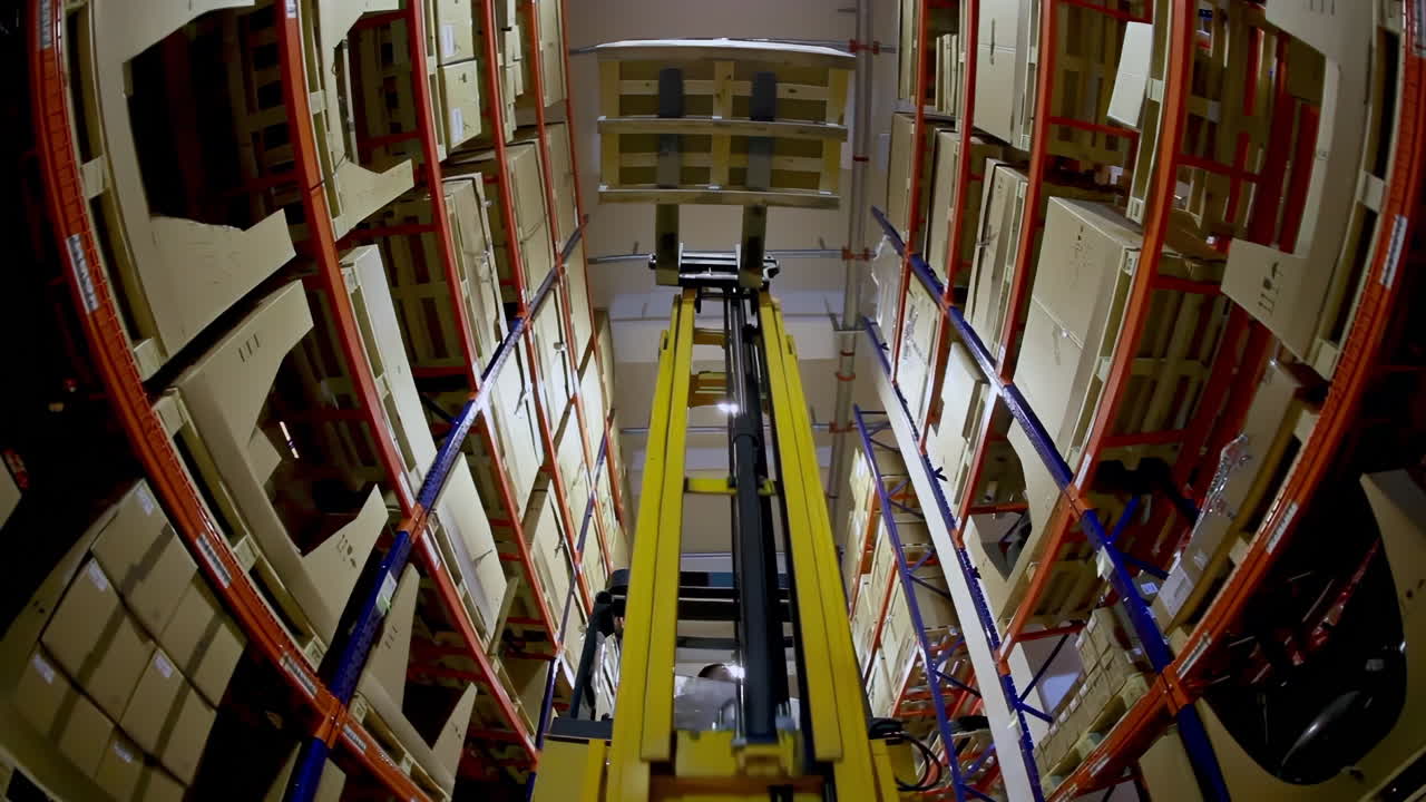 Driver Reachtruck, forklift operator busy working loading cardboard boxes, loader furniture storage boards on the logistics warehouse store. Logistics and Distribution Facility for Product Delivery