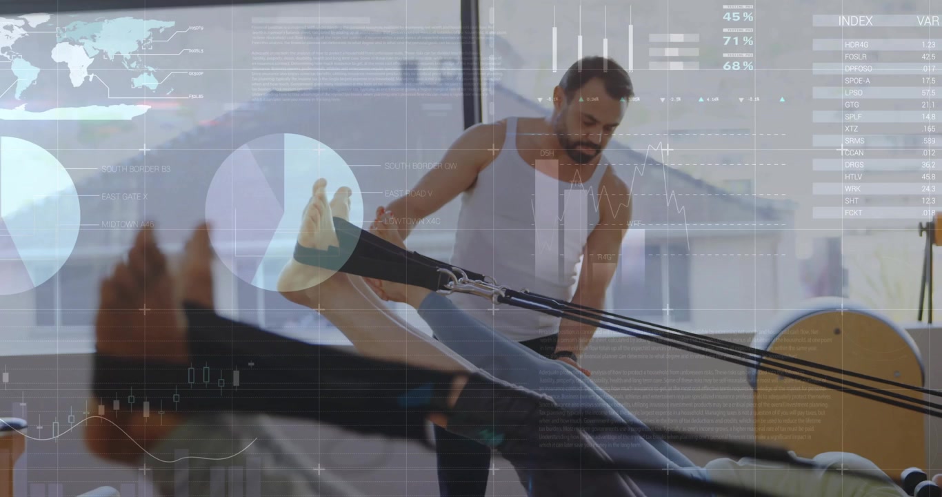 Senior woman pushing reformer causing transparent health charts update, instructor guiding form