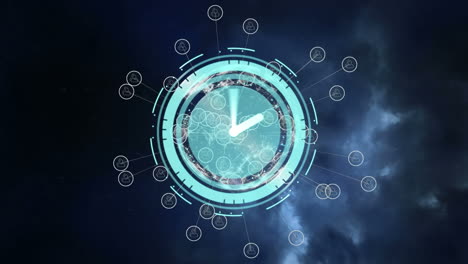 animation of moving clock with icons over navy background