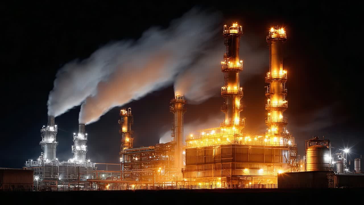 Illuminated Industrial Complex at Night with Emitting Steam and Smoke, Showcasing a Modern Facility with Bright Lights and Towering Structures