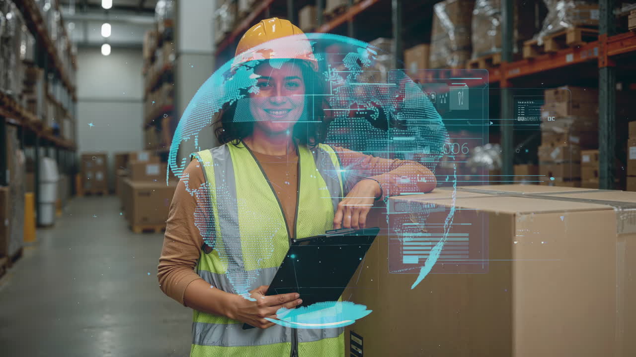 Logistics Professional with Digital Overlay in a Modern Warehouse