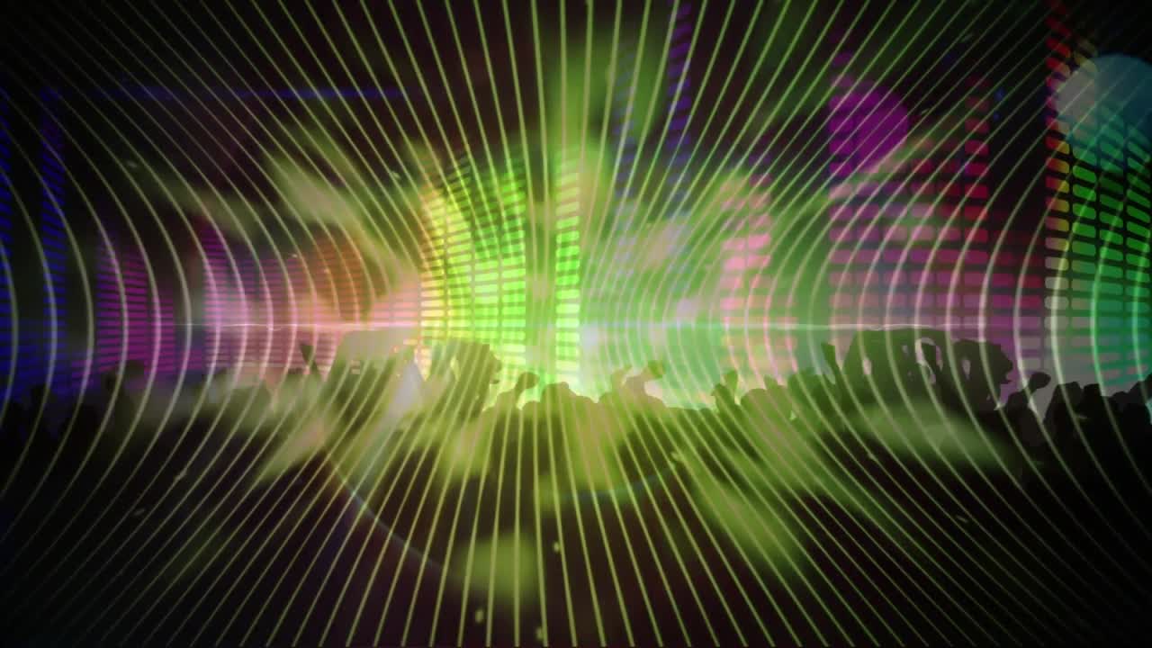 animazione di punti luminosi e tracce di luce con equalizzatore di musica grafica in movimento e persone che ballano