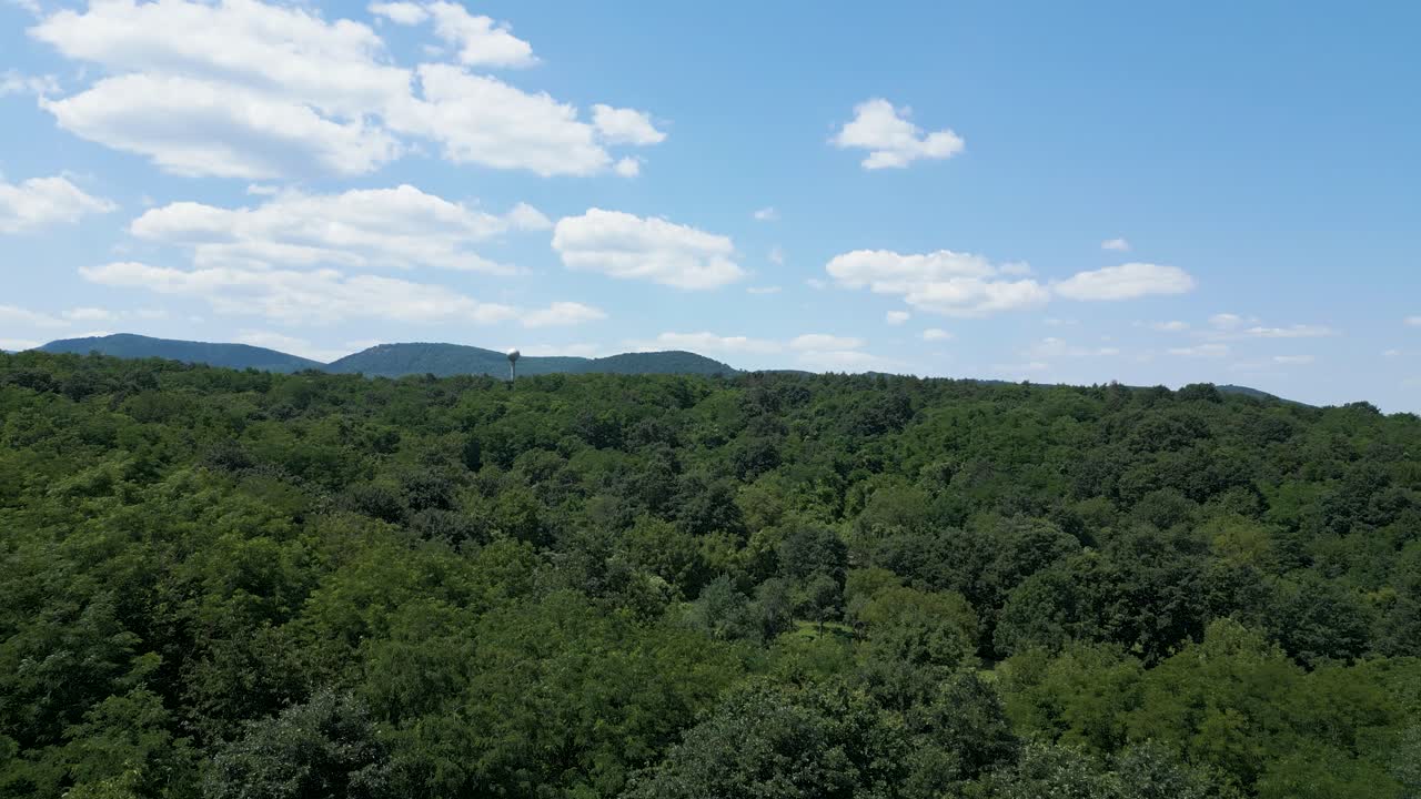 Aerial shot of the Hills of B&ouml;rzs&ouml;ny, Hungary with a Water Tower Sphere in the forest
