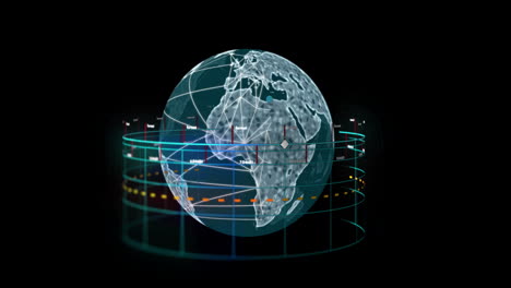Animation of financial data processing over globe on black background