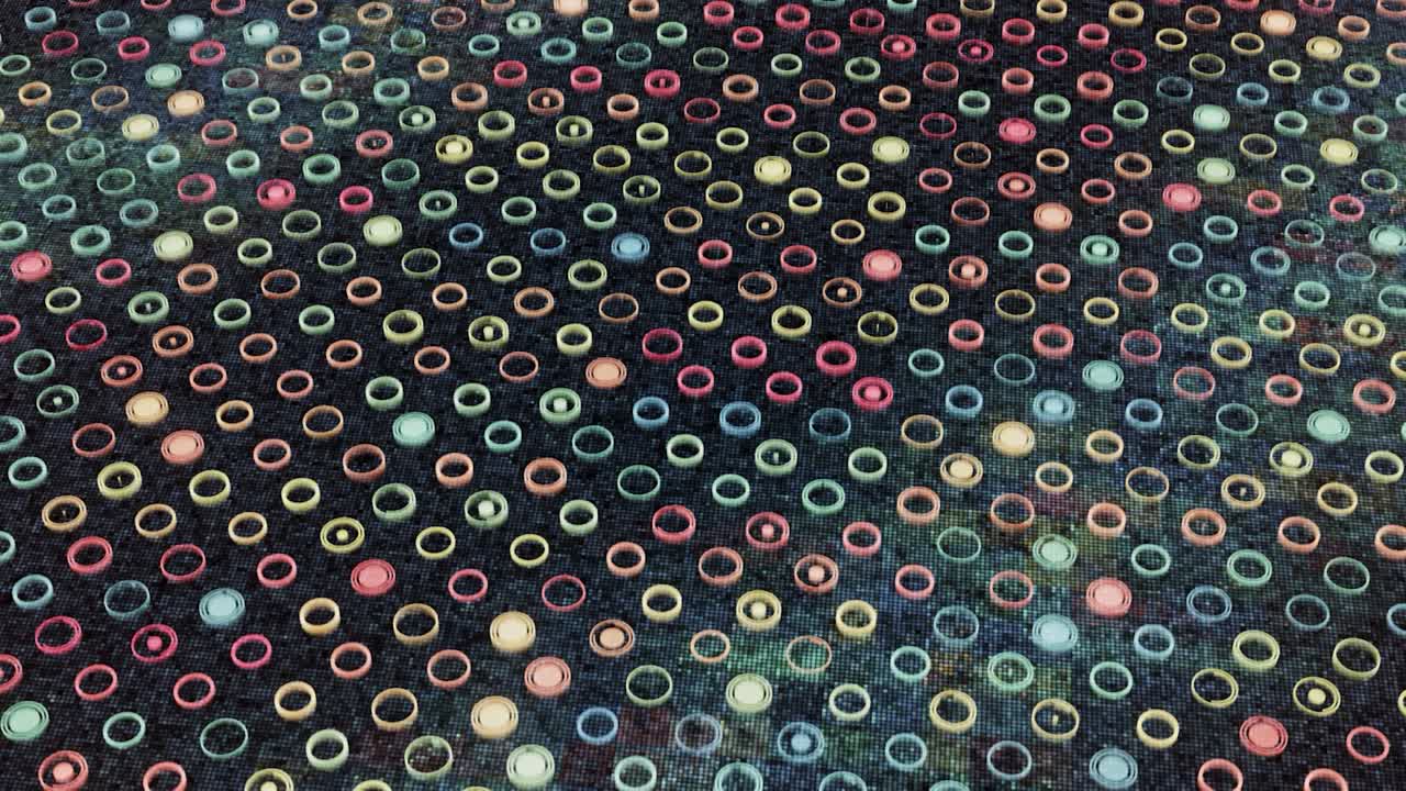 Moving surface with many small round shaped silhouettes and colorful blinking circles inside them, seamless loop. Animation. Light flares flowing all over the black screen, concept of energy