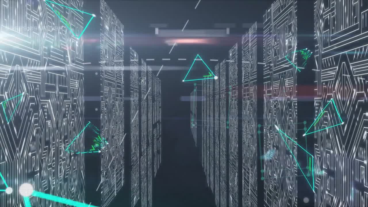 Animation of geometric shapes with computers in background