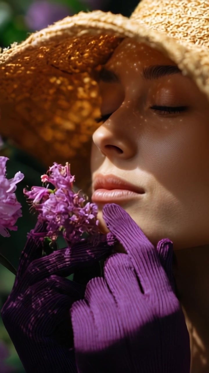 Un momento sereno di bellezza: Una donna con un cappello di paglia che interagisce gioiosamente con fiori vivaci, abbracciando lo splendore della natura con un tocco delicato e una calma riflessione.