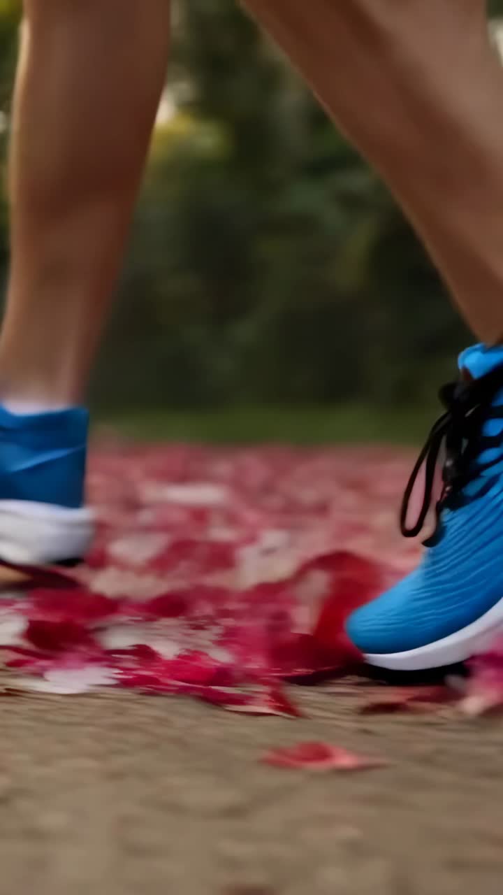 Vertical video: Landing, runner's feet crushing red petals on park path exercising with blue shoes