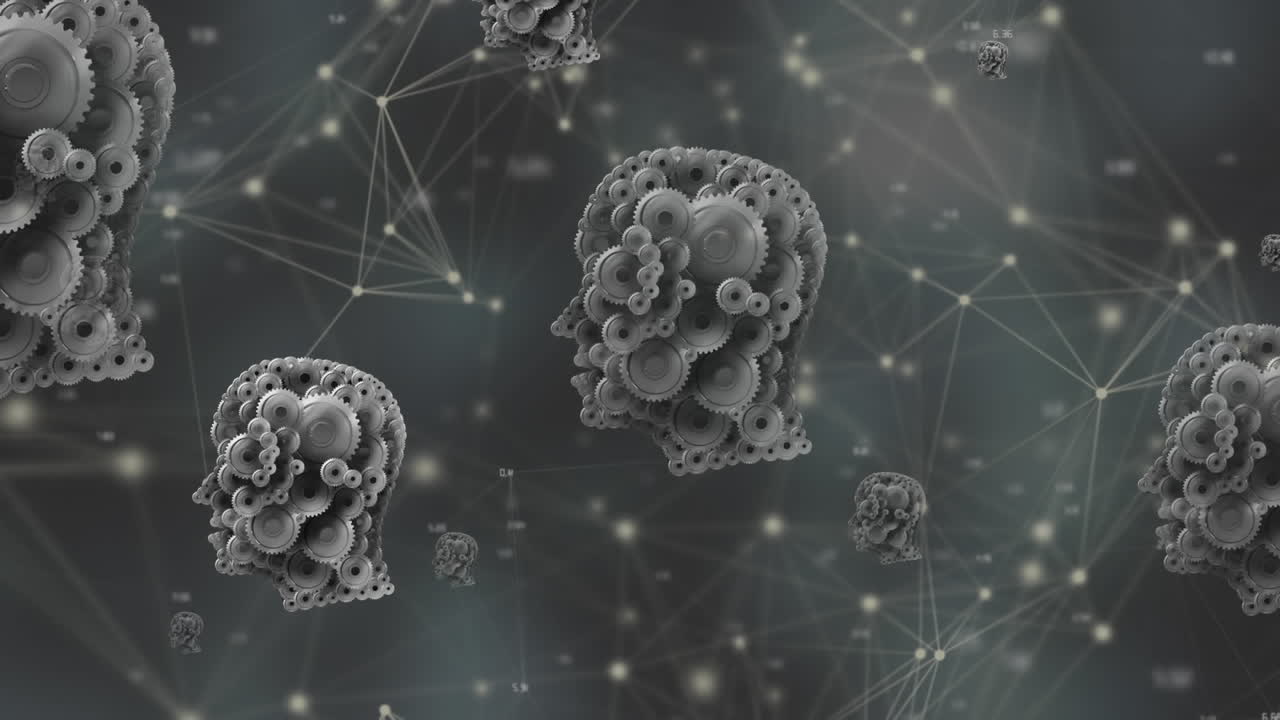 Animation of network of connections over heads with cogs
