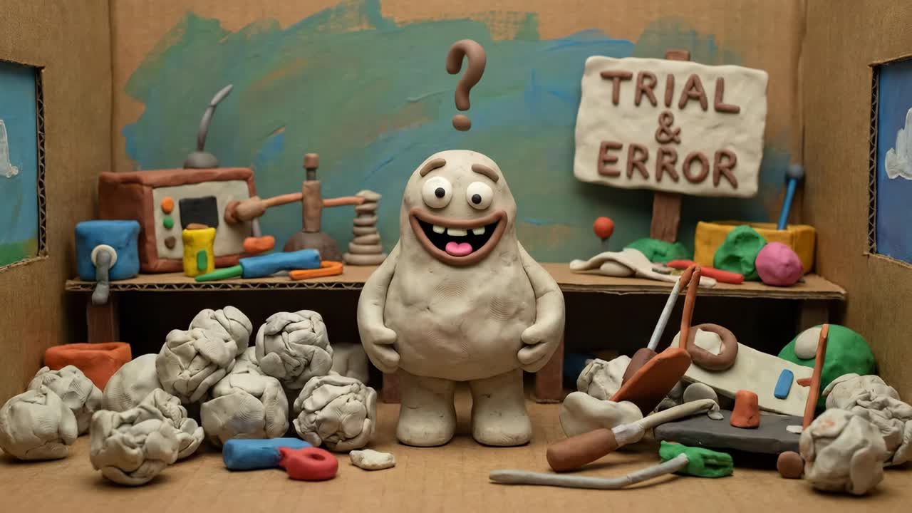 Claymation Character Expressing Confusion in a Trial and Error Setting