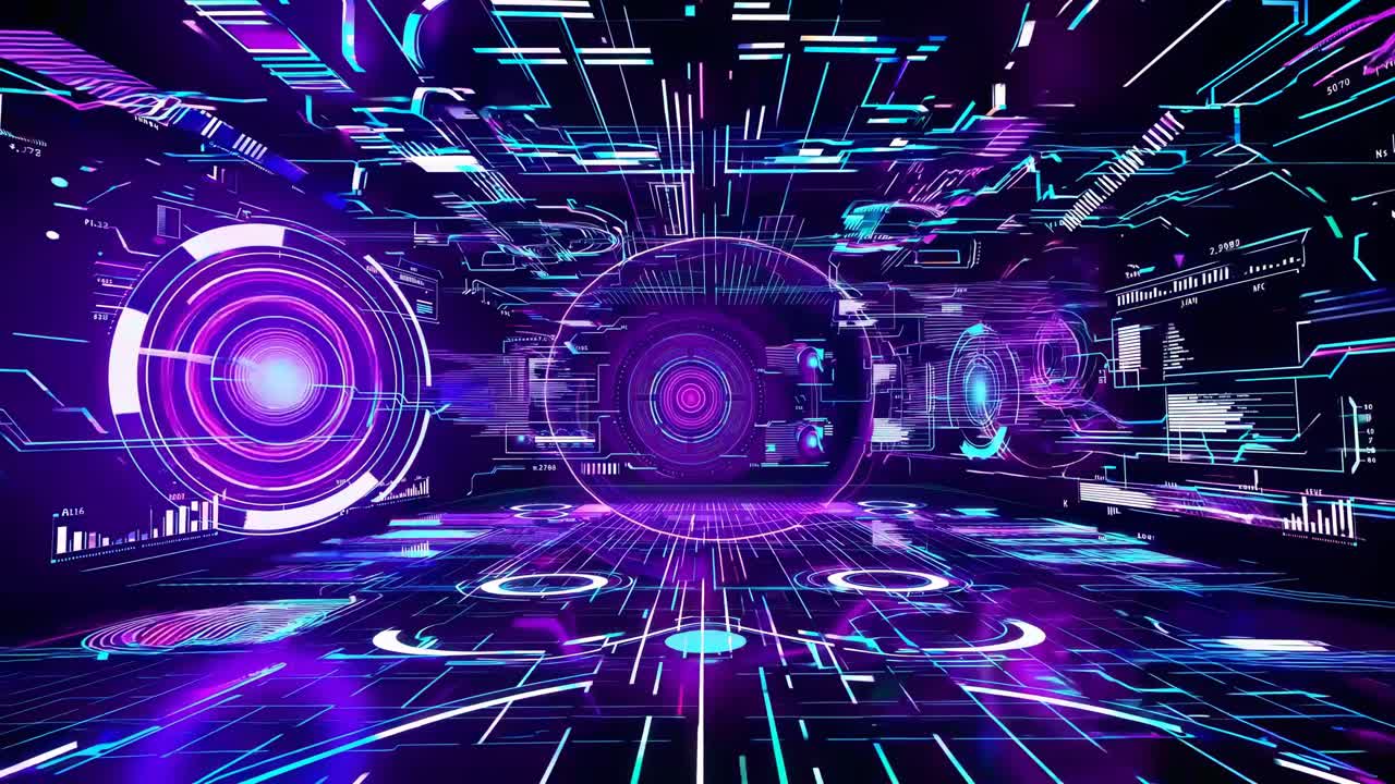 Futuristic digital interface with neon blue holograms and data streams
