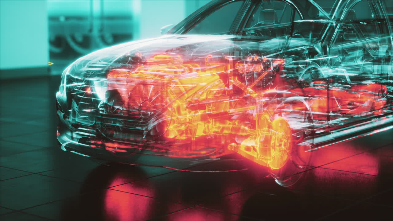transparent car with engine in laboratory