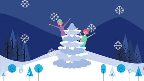 winter snowscape scene with people and pine tree
