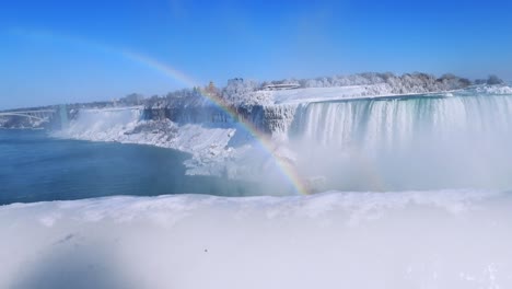 Toma-De-Cardán-De-Las-Cataratas-Del-Niágara-Durante-El-Invierno-Que-Muestra-El-Arco-Iris-En-Un-Día-Soleado