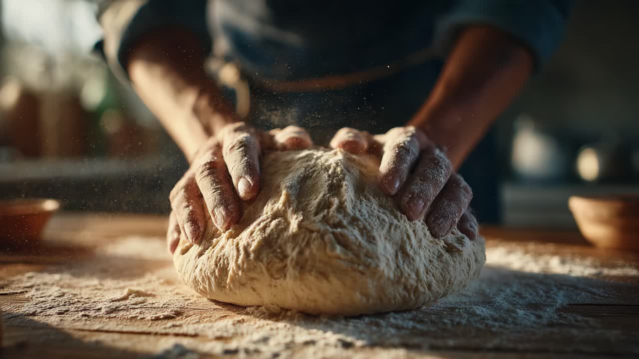 The Art of Kneading Dough: An Intimate Journey into the Heart of Bakery Craftsmanship, Showcasing the Transformative Process of Molding Ingredients into a Beautiful Bread Loaf