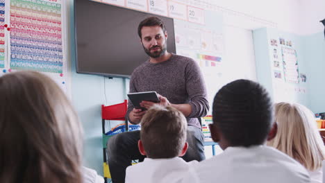 Männlicher-Lehrer-Liest-Einer-Gruppe-Von-Grundschülern-In-Uniform-Im-Klassenzimmer-Eine-Geschichte-Vor