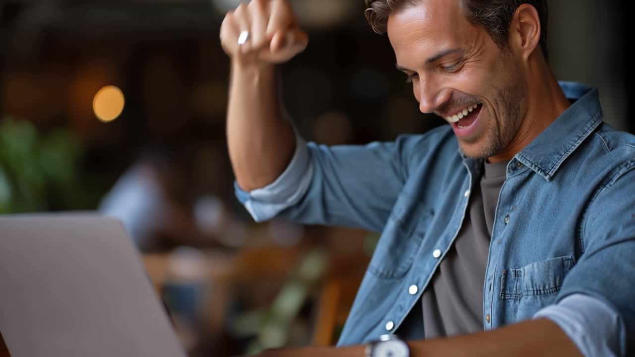 Man celebrates success at laptop. Smiling, he grips his fist in triumph. Warm cafe lights glow softly behind him. Focus on joy, motivation, or digital wins. Ideal for business, tech