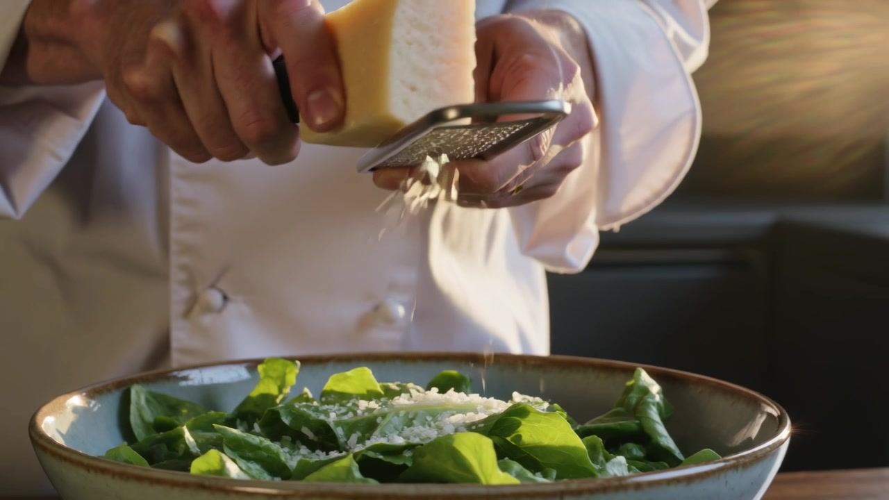 Grating chef wearing white chef jacket putting cheese block on grater over bowl, finishing plating