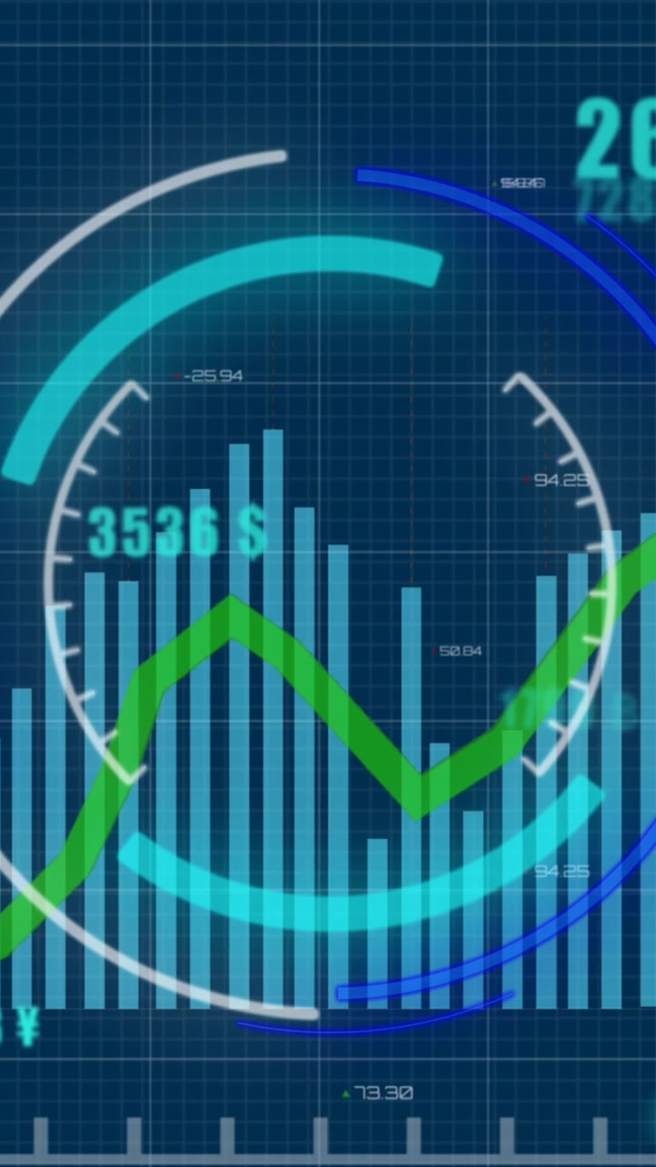 Animazione di uno scanner circolare su elaborazione dati statistici su sfondo blu