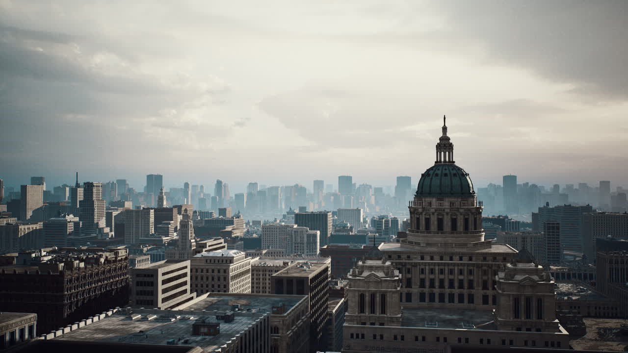 Drone captures cityscape featuring grand dome and misty horizons