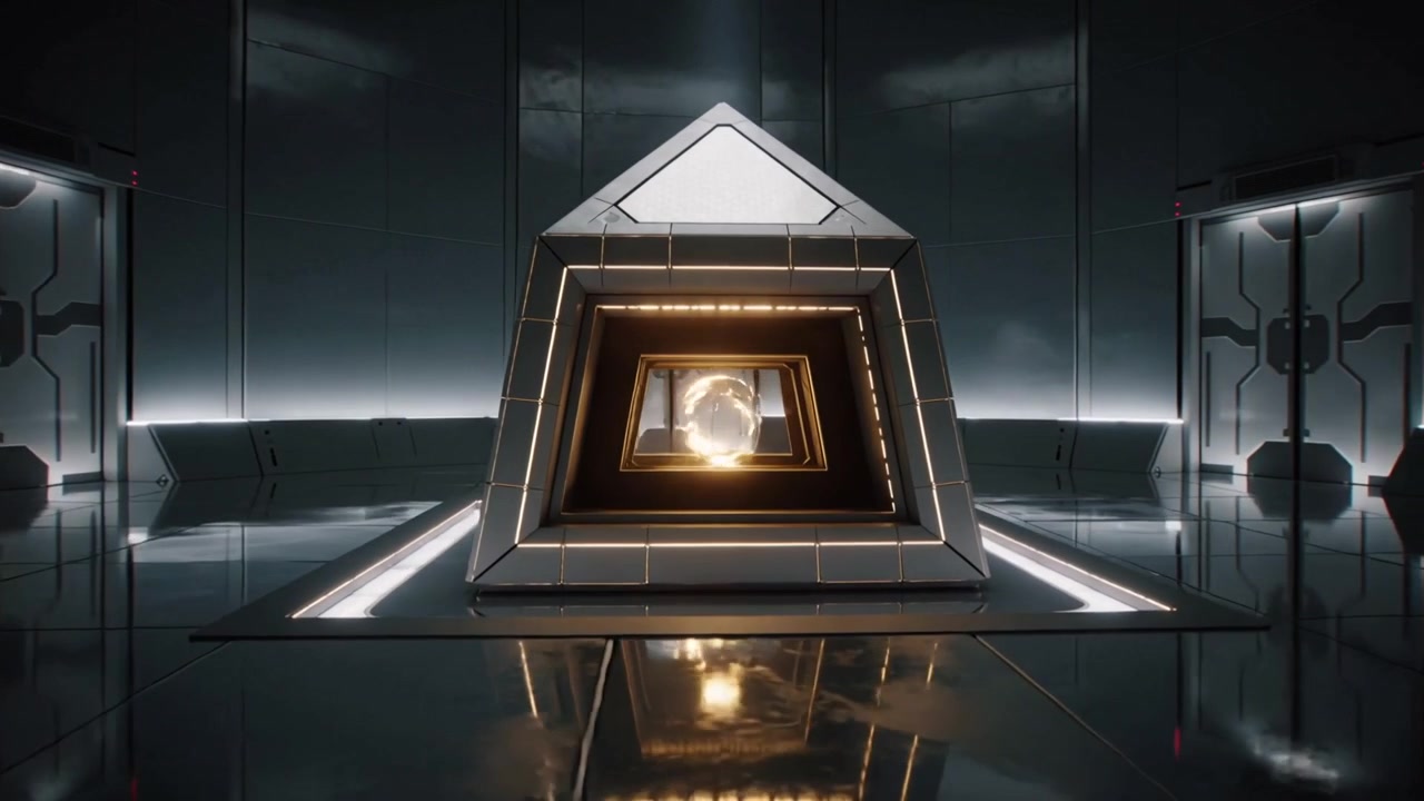 Powering central truncated pyramid on lit platform in sealed chamber, revealing orb and LED strips