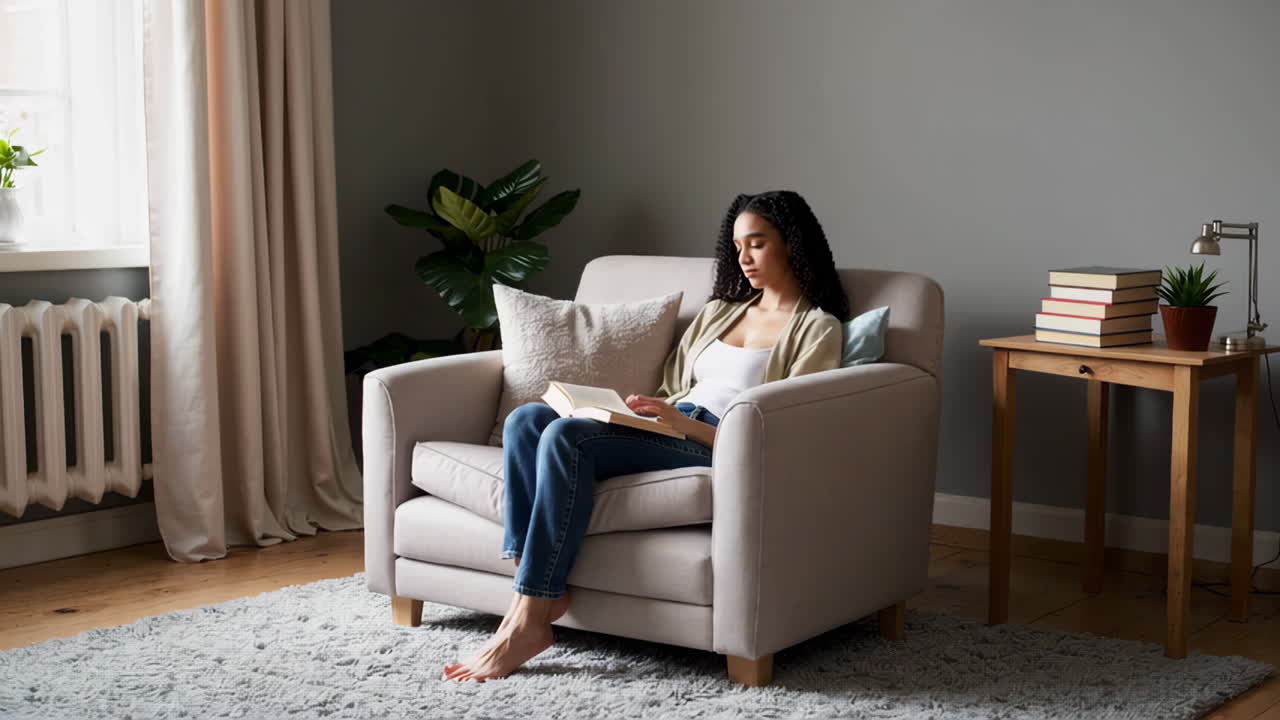 Woman relaxing and reading or using a laptop in a cozy armchair