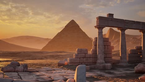 ancient pyramid and ruins in the desert at sunset