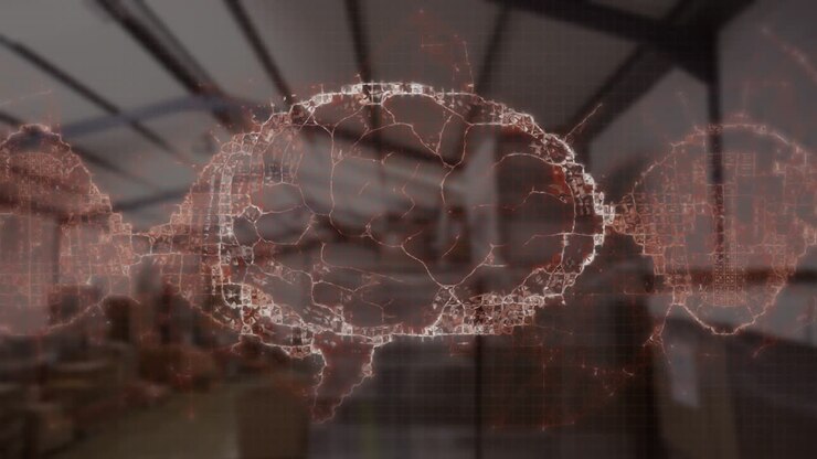 A large number of cardboard boxes are seen in a warehouse, with a glowing brain on the alpha channel