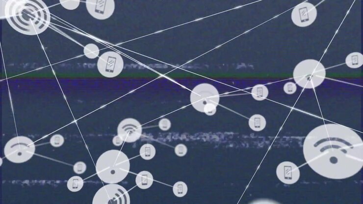Animation af glitch-effekt over netværk af digitale ikoner mod blå baggrund