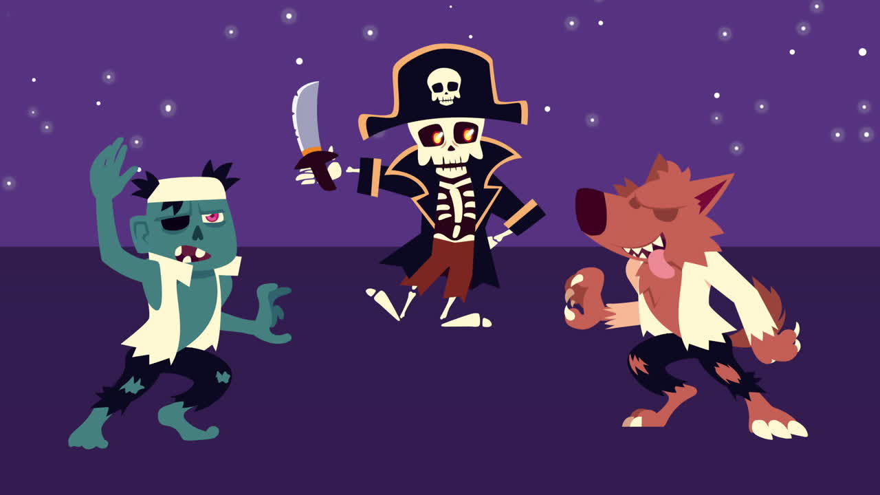 personajes de halloween: zombi, pirata esqueleto y hombre lobo