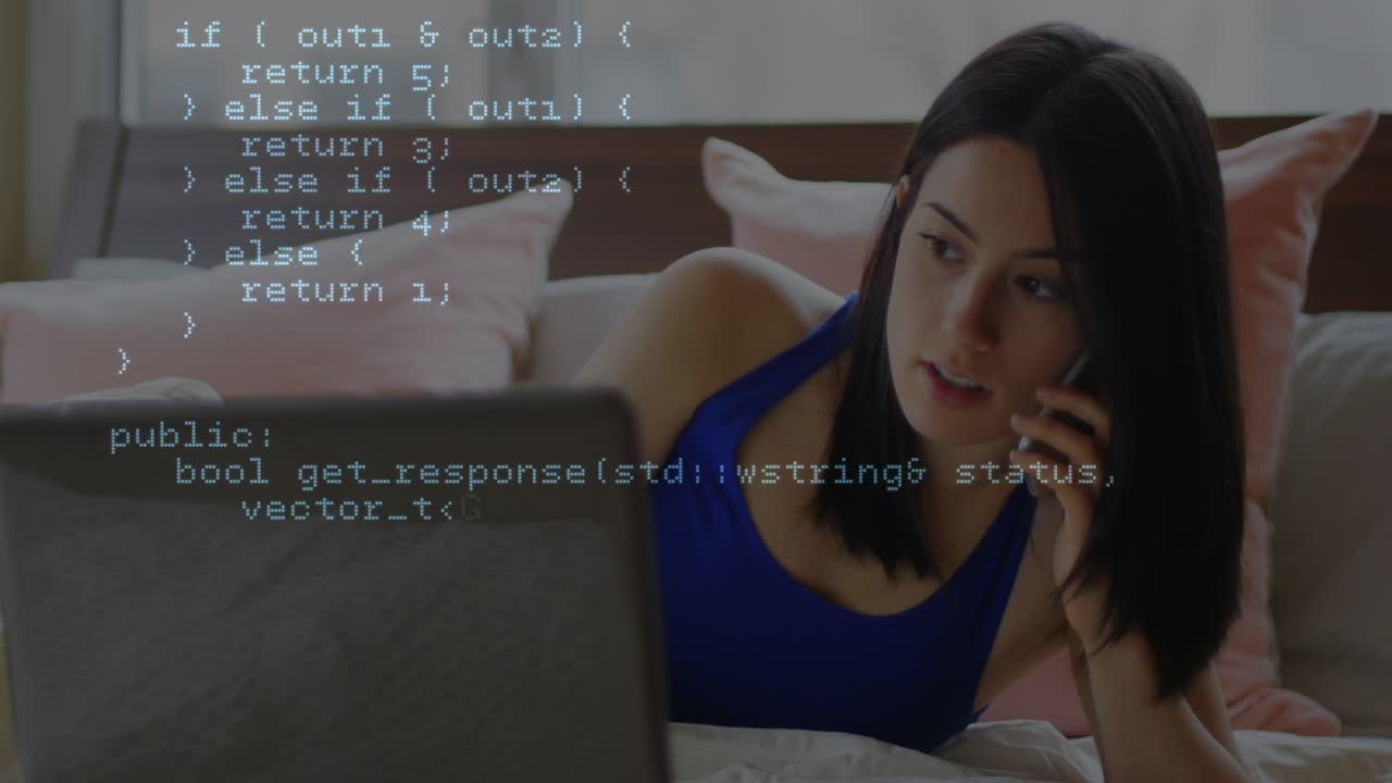 Animation of data processing over caucasian businesswoman using smartphone