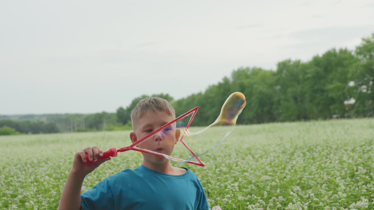 코카서스 소년이 들판에서 비눗방울을 불고 있어요. 별 지팡이와 야생화가 있는 활기찬 여름 풍경이에요. 산들바람이 불고 멀리 나무들이 늘어서 있어요. 즐거운 움직임과 어린 시절의 상상력을 담아낸 솔직한 인물 사진이에요.