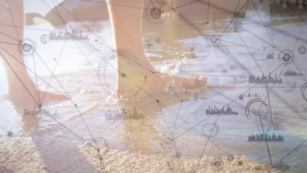 Uomo che sposta il peso e si addentra in acqua bassa, con una sovrapposizione di rete tecnologica che mappa le increspature sulle gambe.