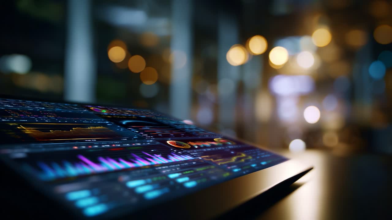 Schermo digitale high-tech che visualizza una complessa visualizzazione di dati con colori vivaci e analisi grafiche che mostrano tendenze e metriche in un ambiente moderno sfocato