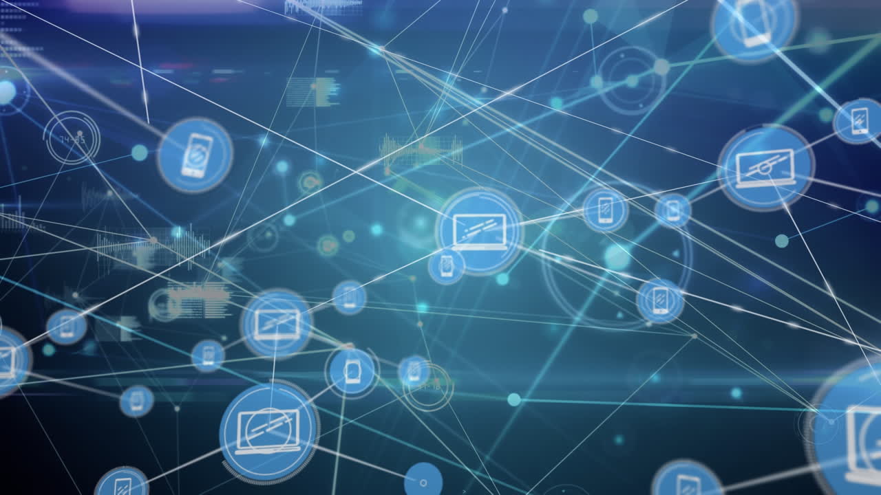 animación de la creciente red de iconos de medios que transfieren datos sobre un fondo azul