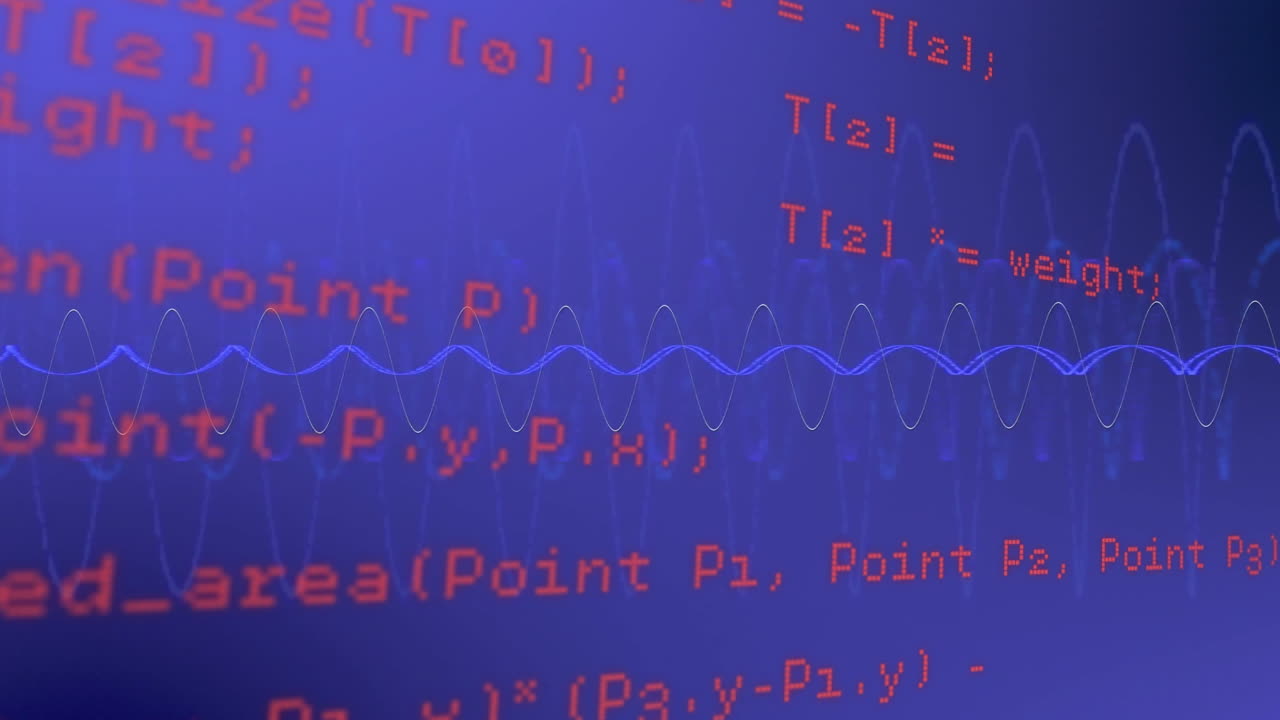 Red code lines flowing over flat-design deep blue field, showing sine-waveform overlay animation