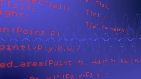 Red code lines flowing over flat-design deep blue field, showing sine-waveform overlay animation